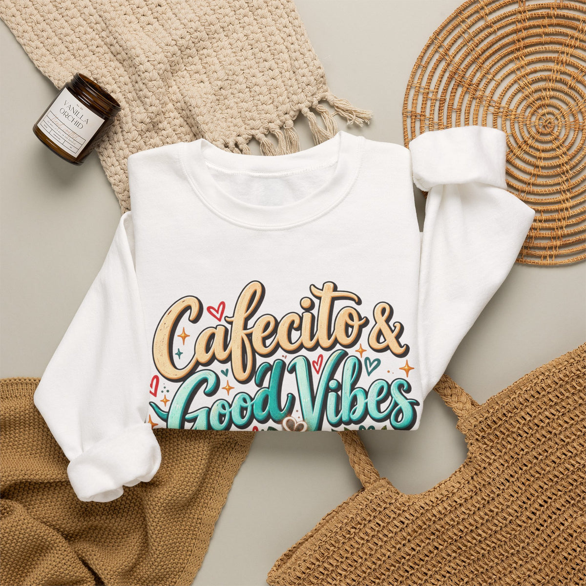 Cafecito & Good Vibes Sweatshirt ☕🇵🇷🌺 - Puerto Rican Inspired Cozy Crewneck