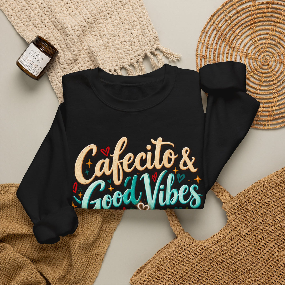 Cafecito & Good Vibes Sweatshirt ☕🇵🇷🌺 - Puerto Rican Inspired Cozy Crewneck
