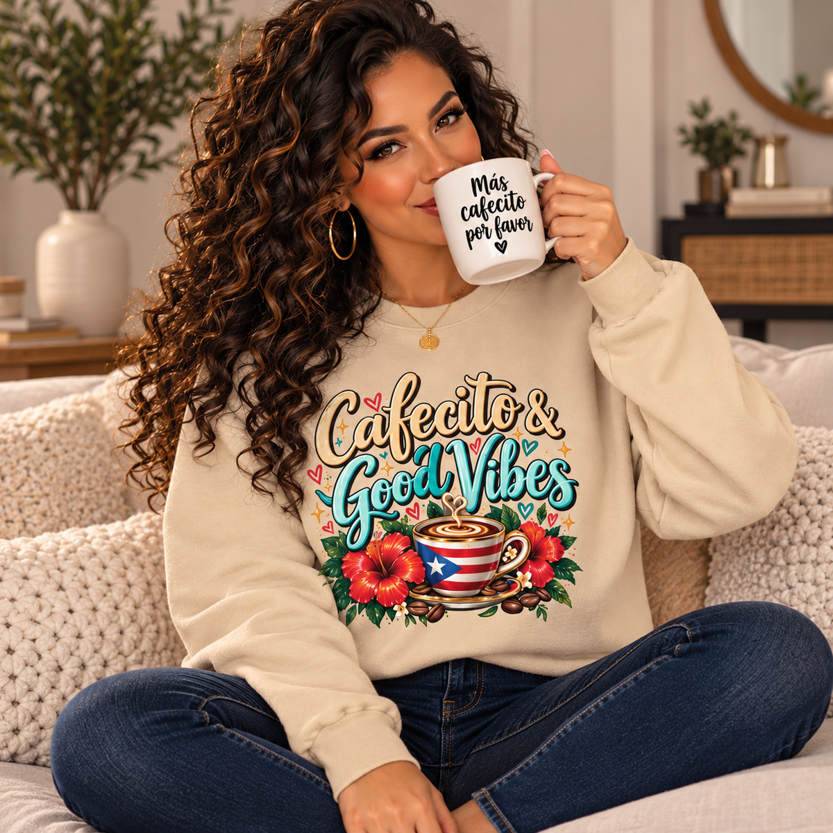Cafecito & Good Vibes Sweatshirt ☕🇵🇷🌺 - Puerto Rican Inspired Cozy Crewneck