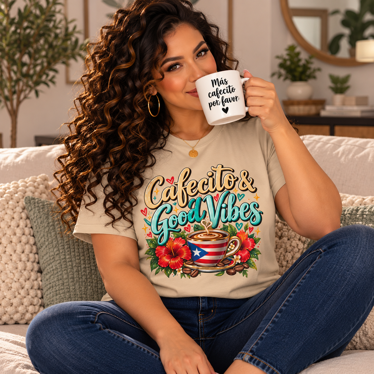 Cafecito & Good Vibes T-Shirt ☕🇵🇷🌺 - Puerto Rican Coffee Lover Tee